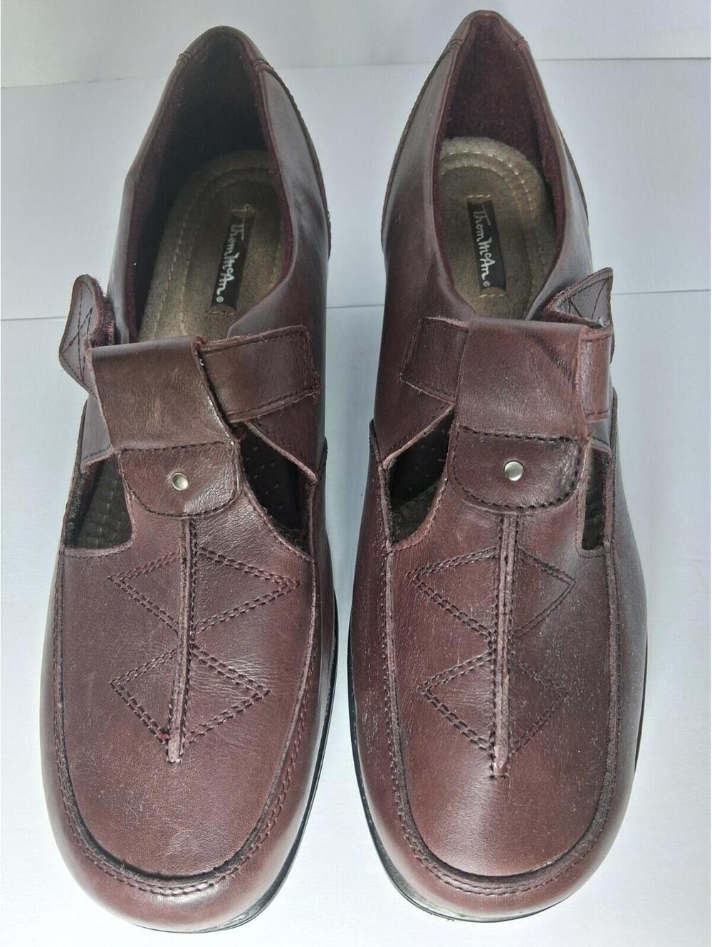 Thom McAn Women's Hilliard Maroon Leather T-Strap Wedge Heel Shoe, 11W